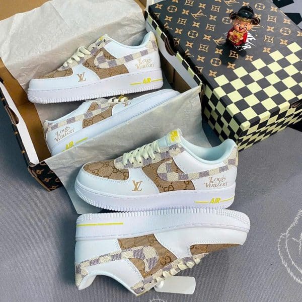 Giày Sneaker AF1 Trắng Họa Tiết LV Checker Beige – Phiên Bản Cao Cấp
