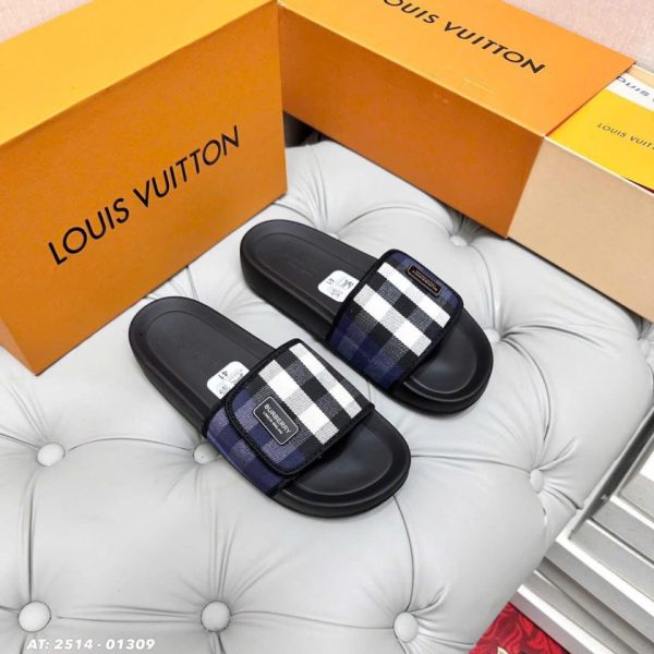 Dép Nam Burberry Check Slide Sandals – Xanh Navy Caro Trắng Đen